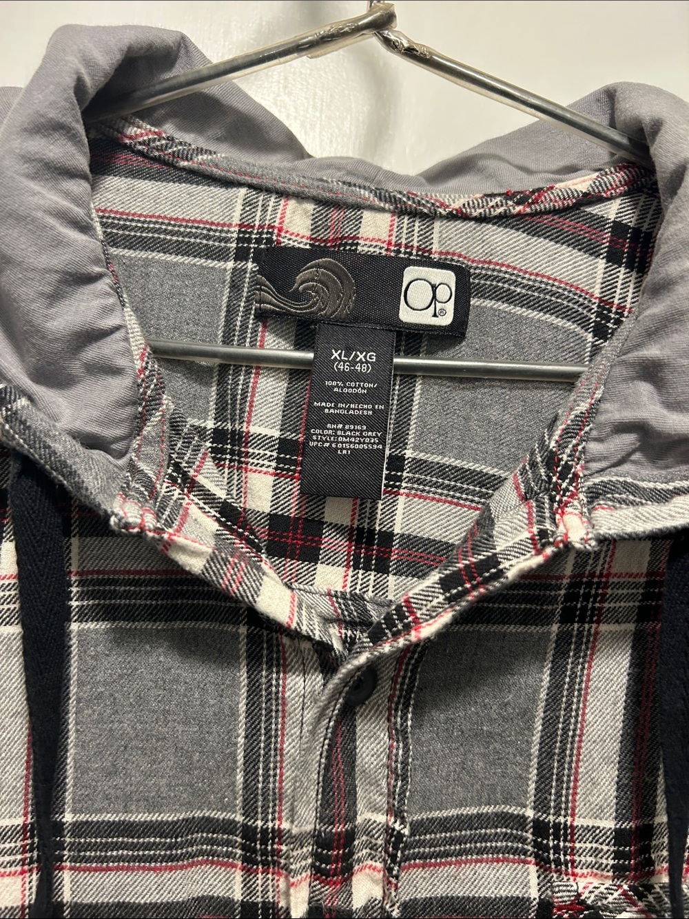OP Ocean Pacific Gray and Red Plaid Hooded Button Up Flannel Shirt Men's XLarge